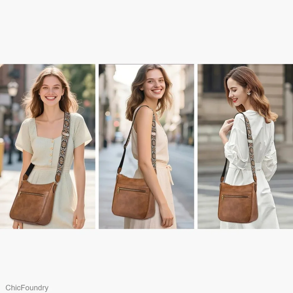 Vegan Leather Crossbody Bag with Adjustable Strap, Multiple Pockets